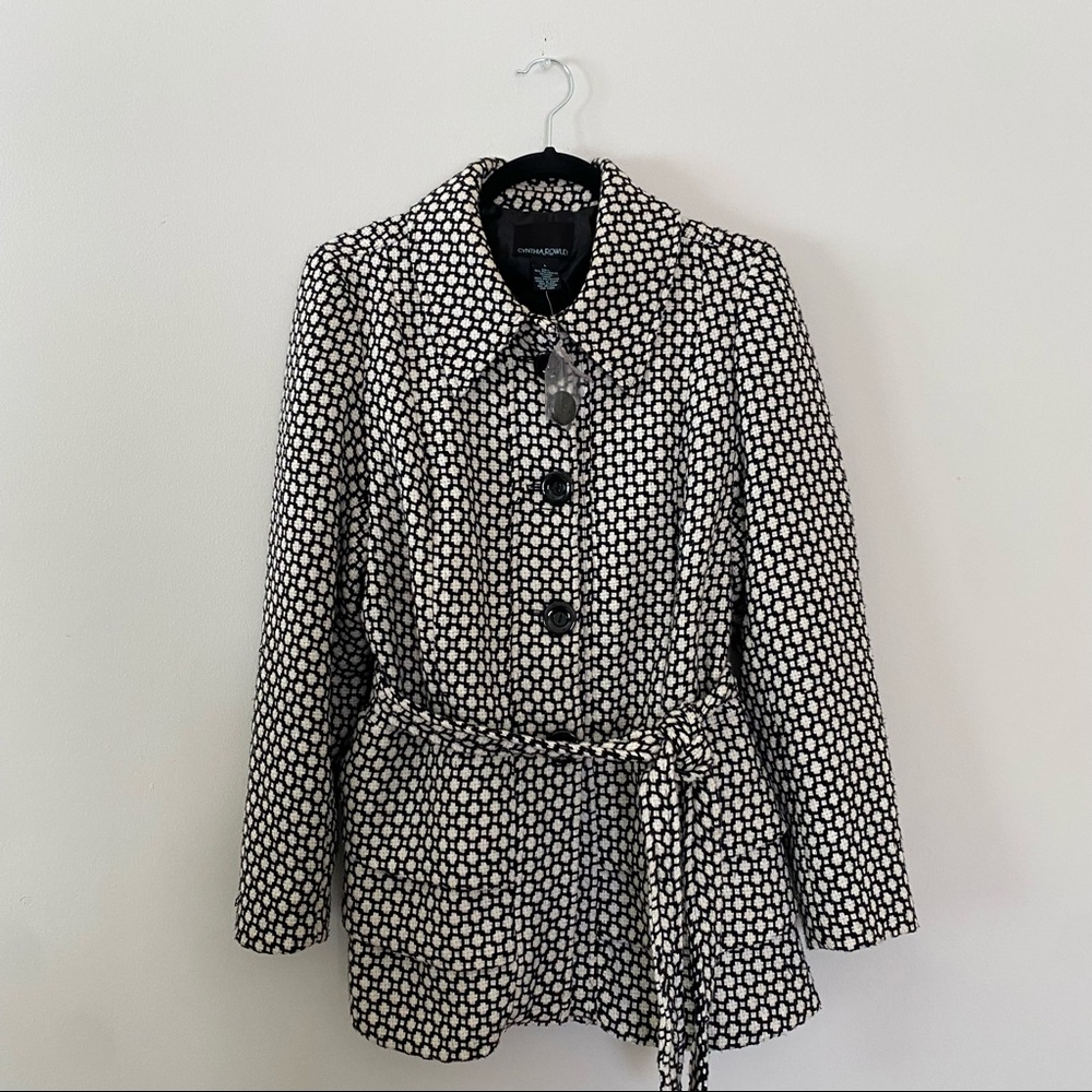 Cynthia Rowley button front belted peplum black white pattern jacket coat warm